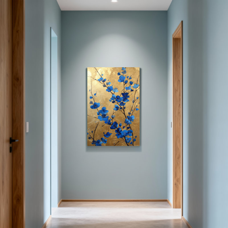 Plantes et fleurs fleurs bleues sur fond doré, H 20 po x l 30 po