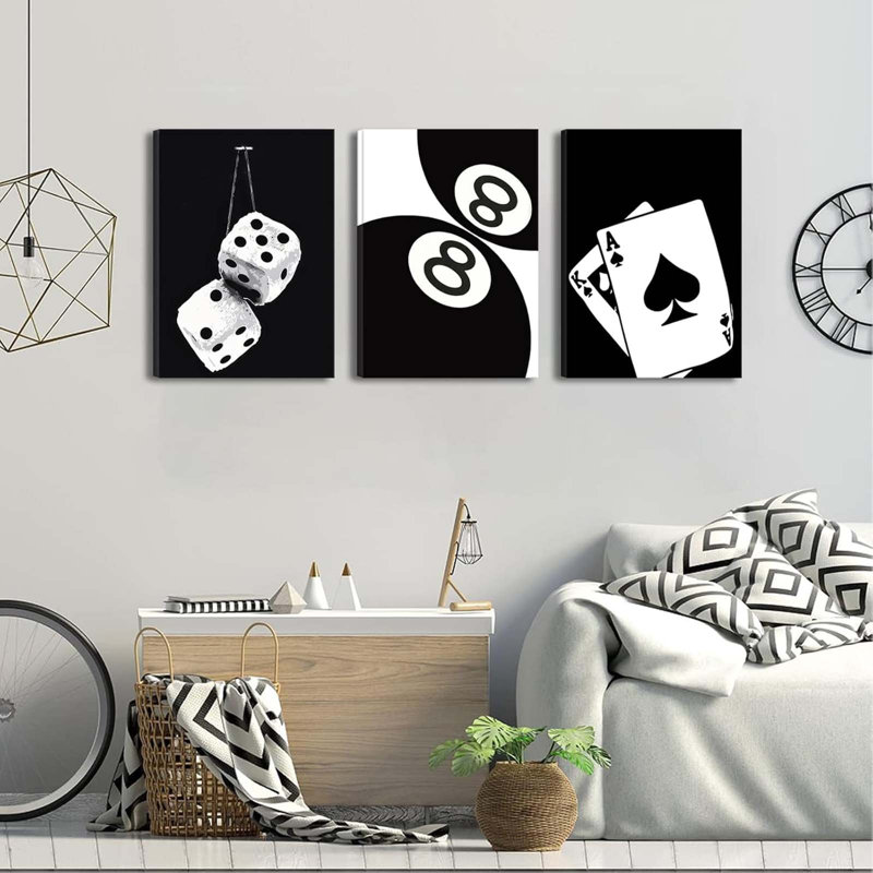 3Pcs Black Poker Dice Canvas Wall Art Lucky You Poster Prints Trendy Funky Preppy Y2K 8 Ball Pictures Artwork Aesthetic Painting For Game Room Apartment Dorm Decor Canvas