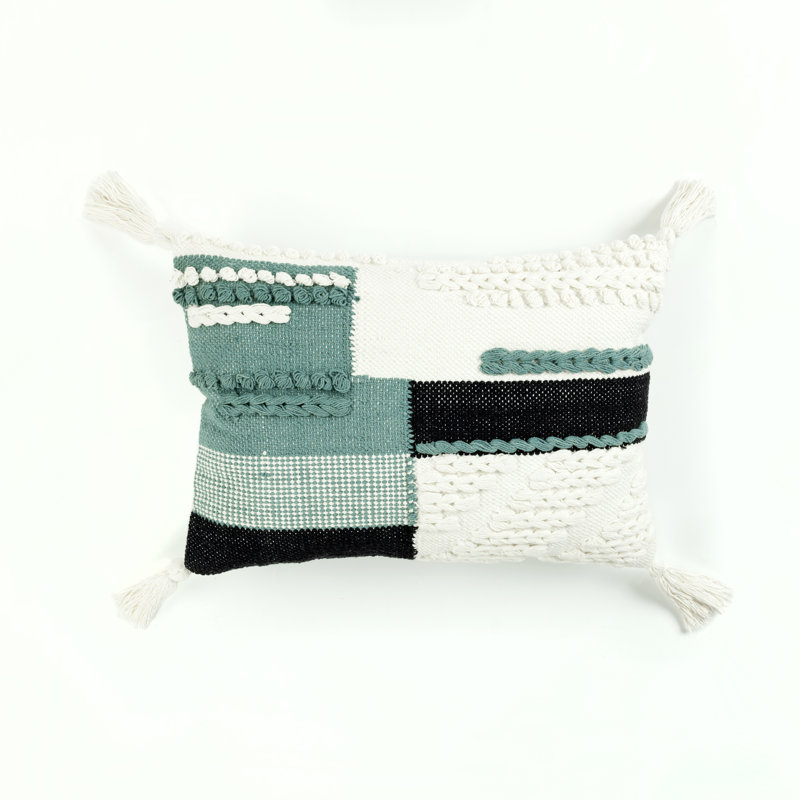 Cotton Embroidered Rectangular Lumbar Pillow with Tassels