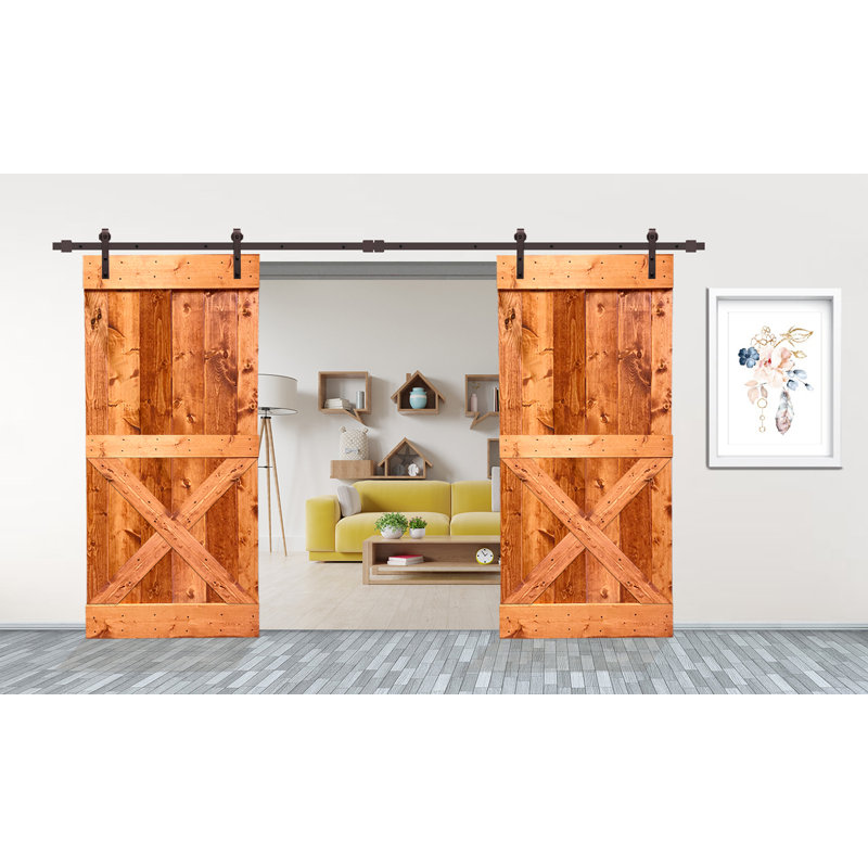 Porte de grange double à panneaux en bois et en métal avec trousse de quincaillerie d'installation Mini X Series, Noyer rouge