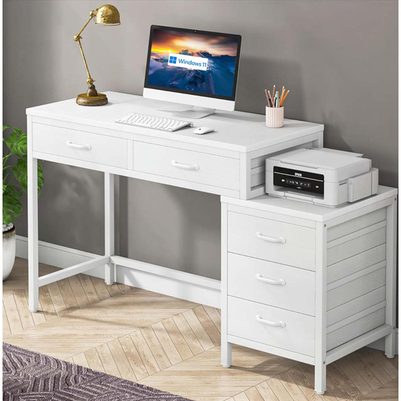51" Reversible Computer Desk with 5 Drawers and File Cabinet, White/White