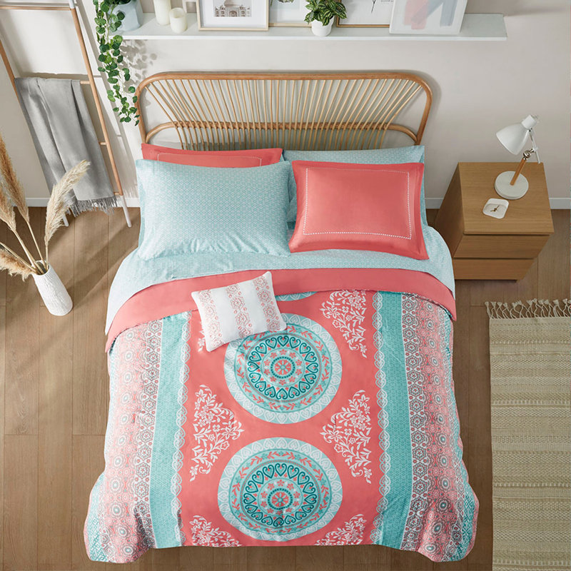 Boho Comforter Set With Bed Sheets, Twin XL Comforter + 6 Additional Pieces, Coral