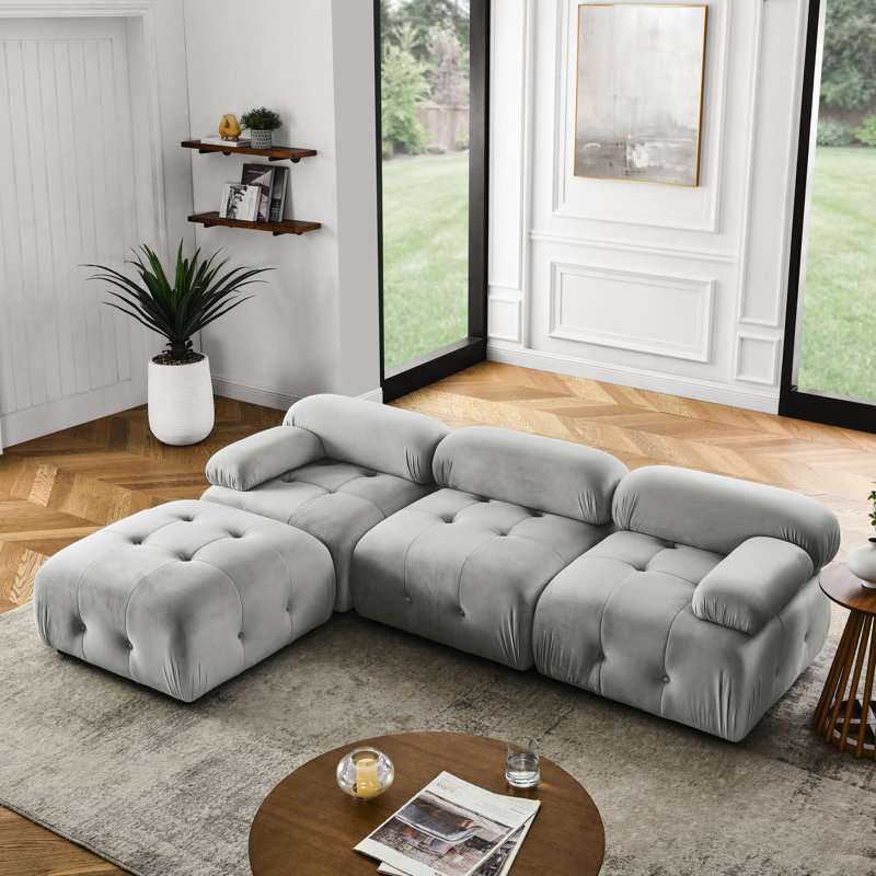 Modular Sectional Sofa, Button Tufted Designed and DIY Combination,L Shaped Couch with Reversible Ottoman, Ivory Teddy Fabric