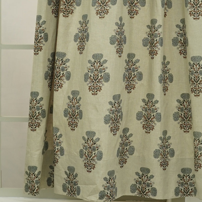 Gray Floral Block Print Handcrafted Plated Linen Curtain Uses for Door, Window Swadesh, 27" W x 55" L