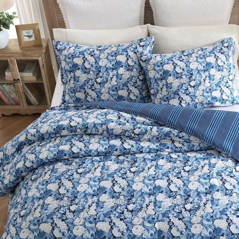 Laura Ashley Sweet Memories Cotton Reversible Blue Comforter Set, Queen Comforter + 2 Standard Shams