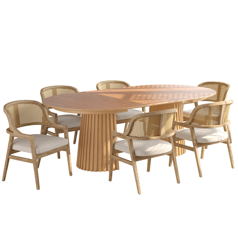 Westcott 7-Piece Mid-Century Modern Extendable Dining Table Set With Rattan Cane Back Chairs, Natural, Natural/Beige