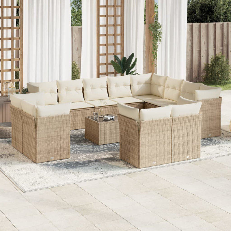  Ensemble de canapé de jardin en rotin PE beige, acier thermolaqué, verre trempé