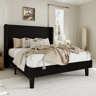 Ribbed Corduroy Platform Bed With Wingback Headboard And Wooden Slats, No Box Spring Needed