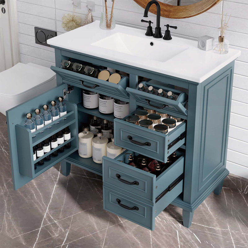 Armoire de rangement autoportante avec lavabo, tiroirs rabattables et tablette réglable, Bleu gris