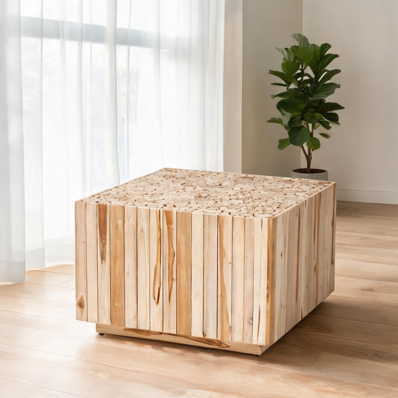 Table basse de salon, chaude et naturelle, carrée en bois de teck massif de 28 pouces, plateau en bûches de bois recyclé artisanalement