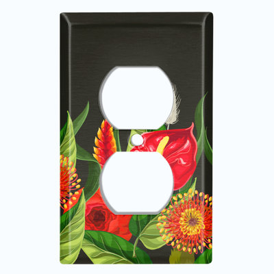 Red Lily Flowers Green Leaves Black Print 1 - Gang Toggle Light Switch Standard Wall Plate