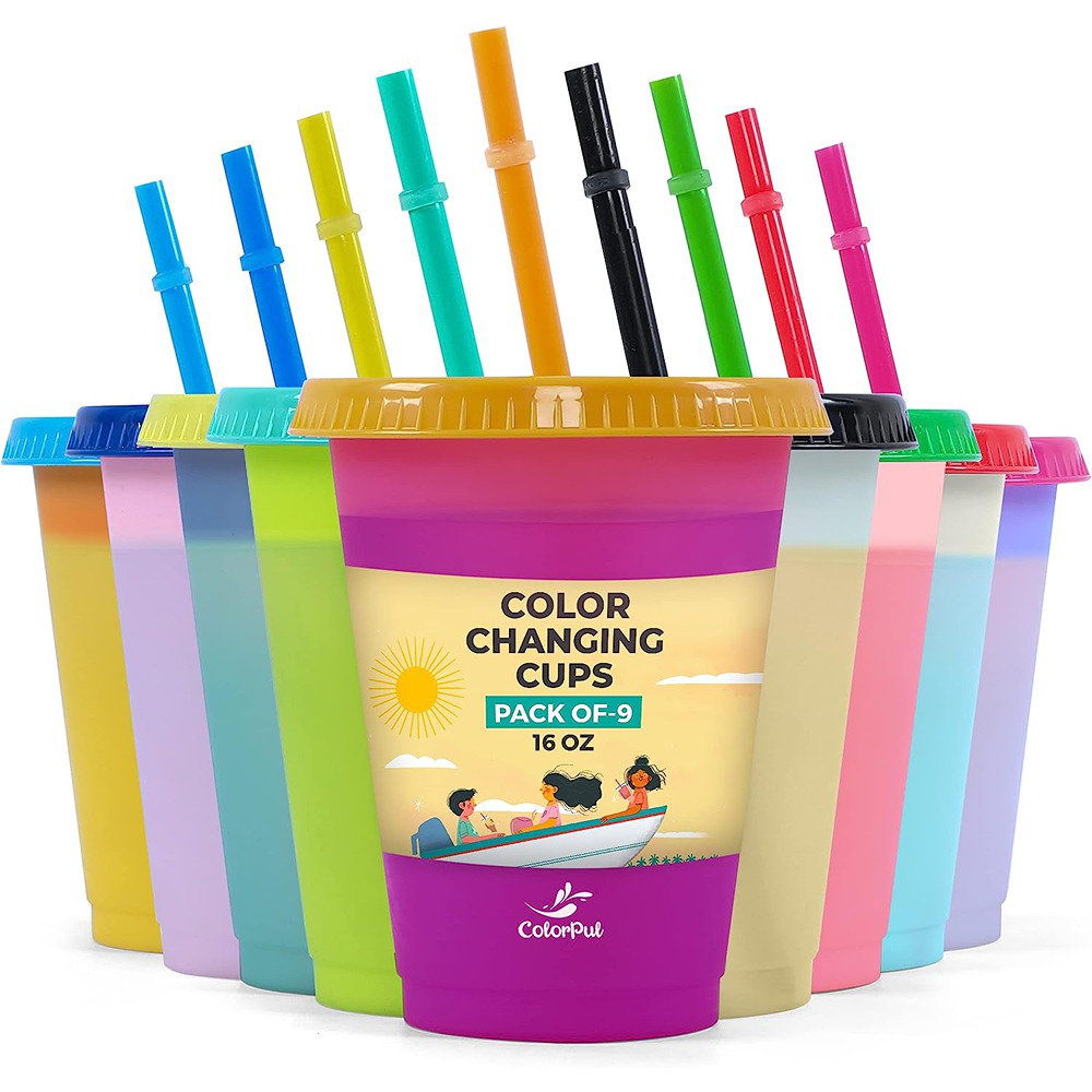 COLORPUL Plastic Tumblers with Lids and Straws - 9 Packs 24oz