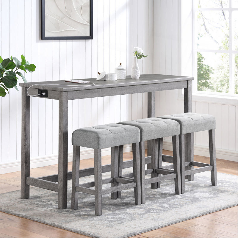 Bar Table Set With Power Outlet, Bar Table And Chairs Set, 4 Piece Dining Table Set, Industrial Breakfast Table Set, For Living Room, Dining Room, Game Room