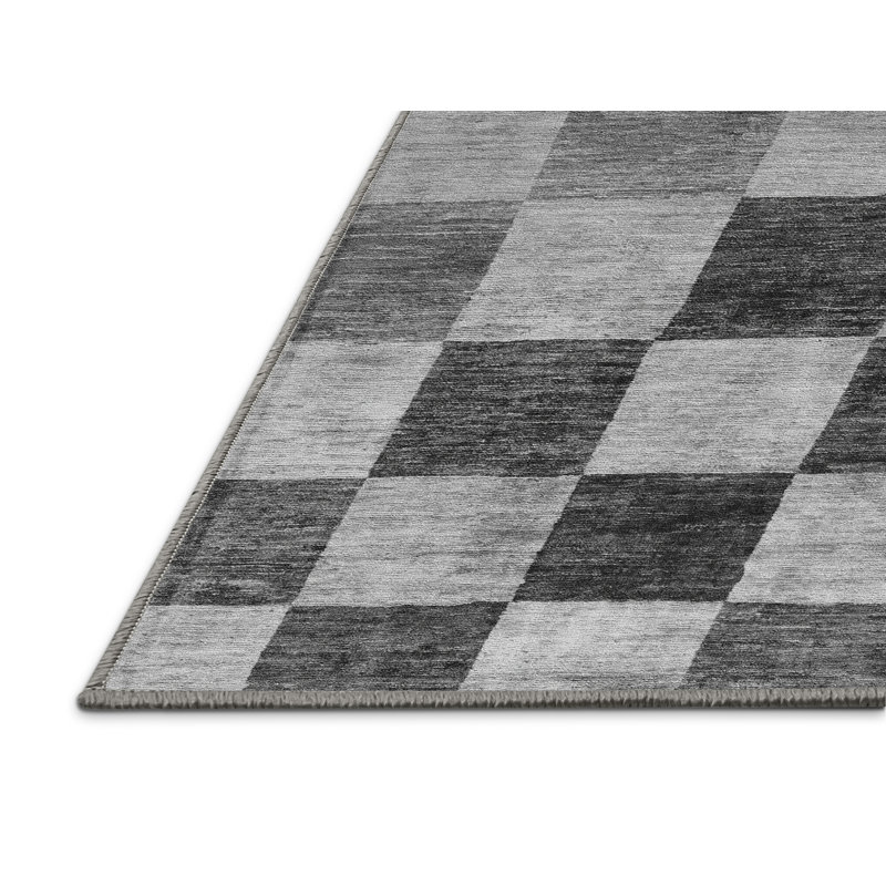 Tapis à carreaux tissé à la machine en chenille / polyester noir / gris / blanc, Rectangle 2 pi x 4 pi