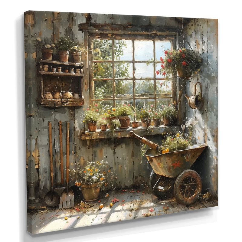 Grey green A rustic charming garden shed - Farm Canvas Print, 44" H x 44" W, Wrapped Canvas
