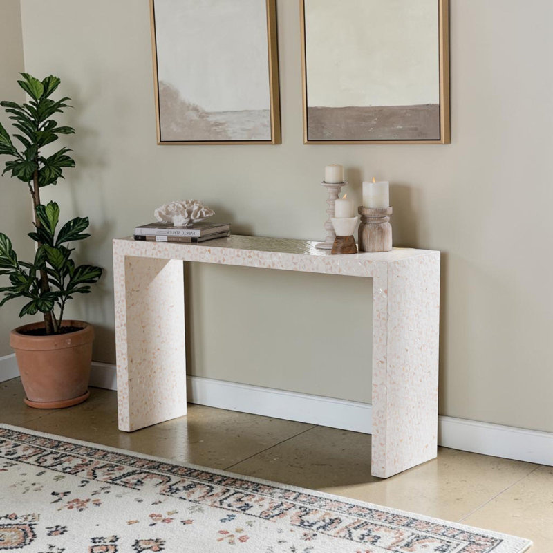 Console Elbow Capiz Shell - Table d'appoint en cascade en nacre avec incrustations texturées