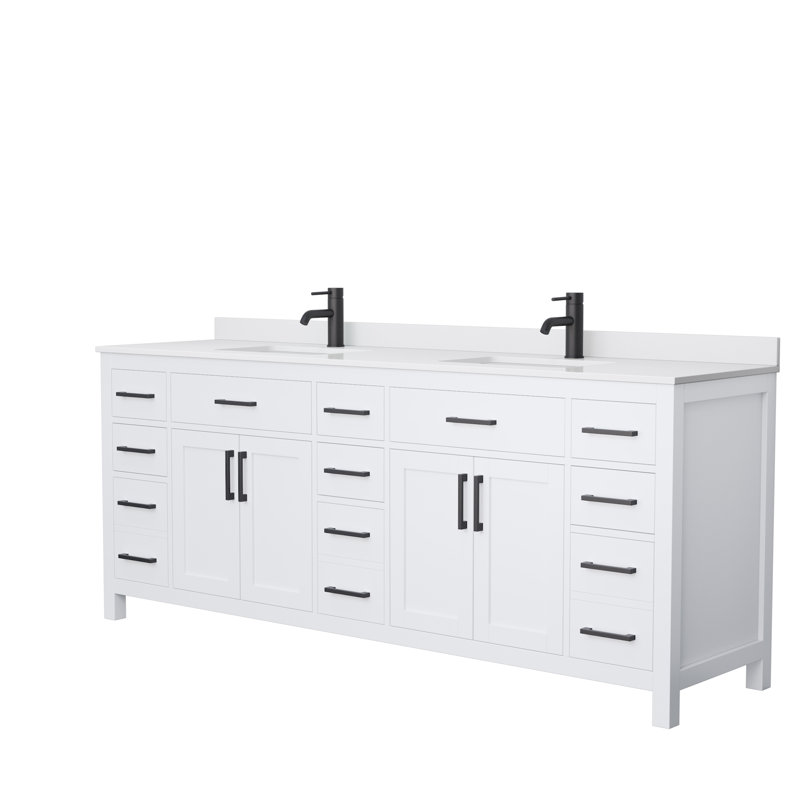 Beckett 84" Freestanding Double Bathroom Vanity with Cultured Marble Top, Matte Black, White, White Cultured Marble