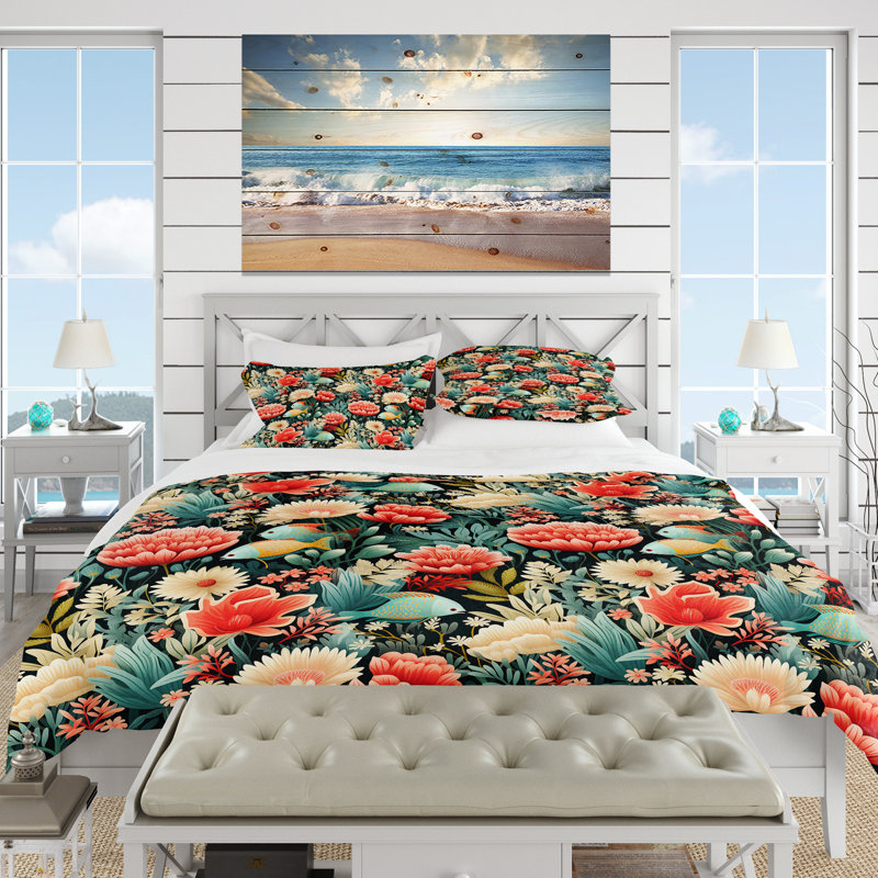 Ensemble de housse de couette Coral Crêtes, Housse de couette pour grand lit et 2 taies décor