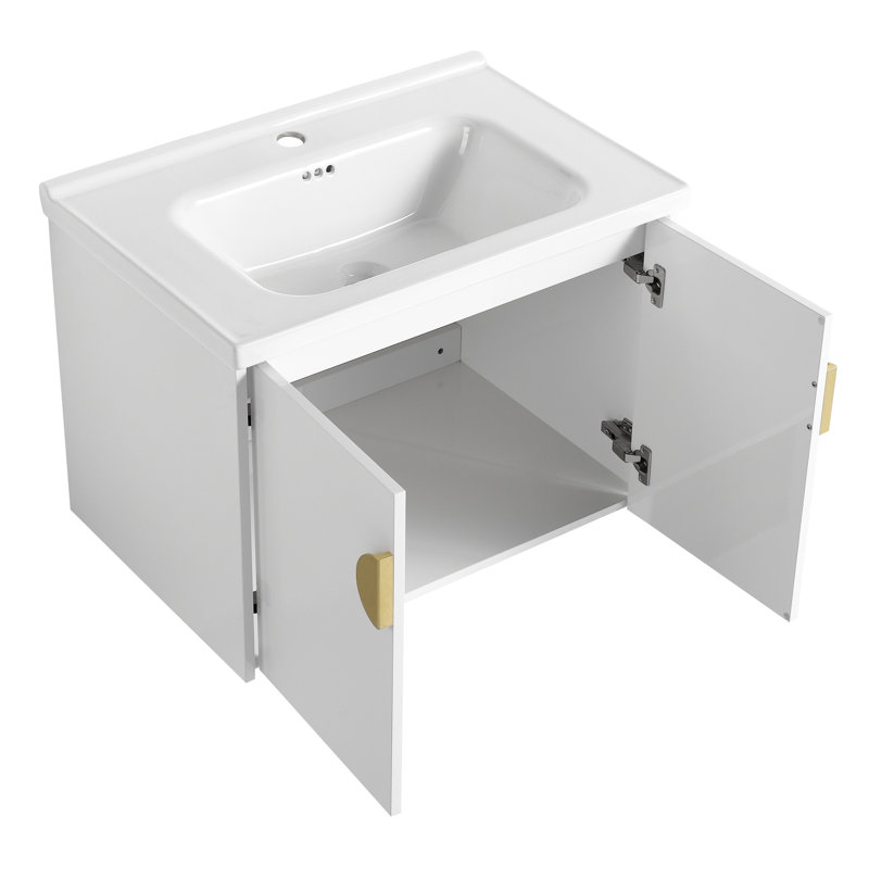 Meuble-lavabo avec lavabo de 28 pouces. Armoire murale blanche à 2 portes pour petites salles de bain. Comprend un lavabo en céramique et des poignées en métal. (Moderne comprend radiant