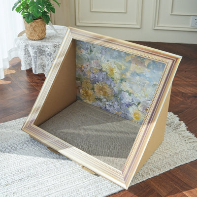 Fairela Floral Oil Painting Cat Scratcher Bed – Art Frame Design, Sturdy Corrugated Cardboard Scratching Lounge, Cat Furniture