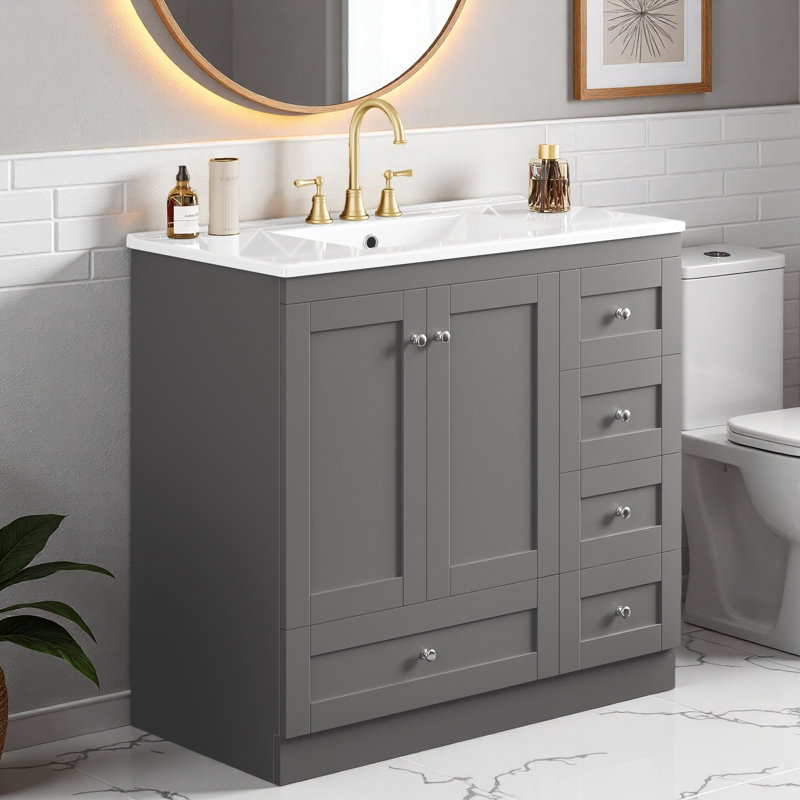 Meuble-lavabo autoportant avec lavabo en céramique, 4 tiroirs et armoire, Gris