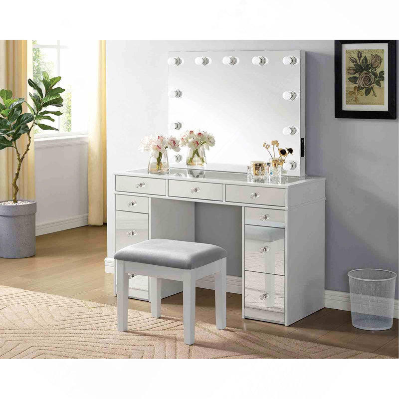 Ensemble de meuble-lavabo 1 pièce avec tabouret avec tiroirs de rangement en verre et miroir central avec ampoules USB et prise de courant au fini blanc et gris