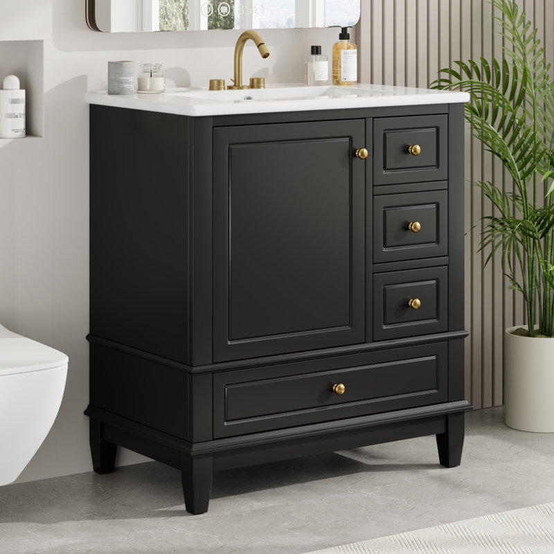 Lavabo pour salle de bain 30 po, noir, céramique lisse, porte, une porte avec tablette et 3 tiroirs noirs, construction, fermeture en douceur trois inclus