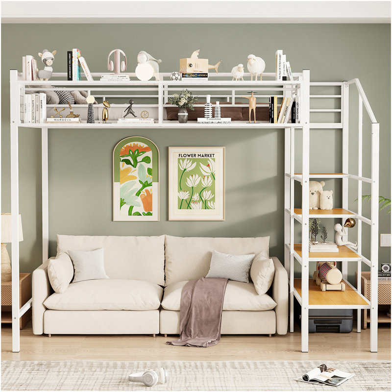 Lit mezzanine simple en métal avec grille de rangement supérieure et échelle de rangement latérale, blanc, Blanc