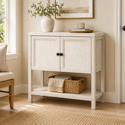 Armoire d'entrée de style campagnard, console en bois blanc rustique avec 2 portes de rangement dissimulées et tablette ouverte pour la salle à manger du couloir