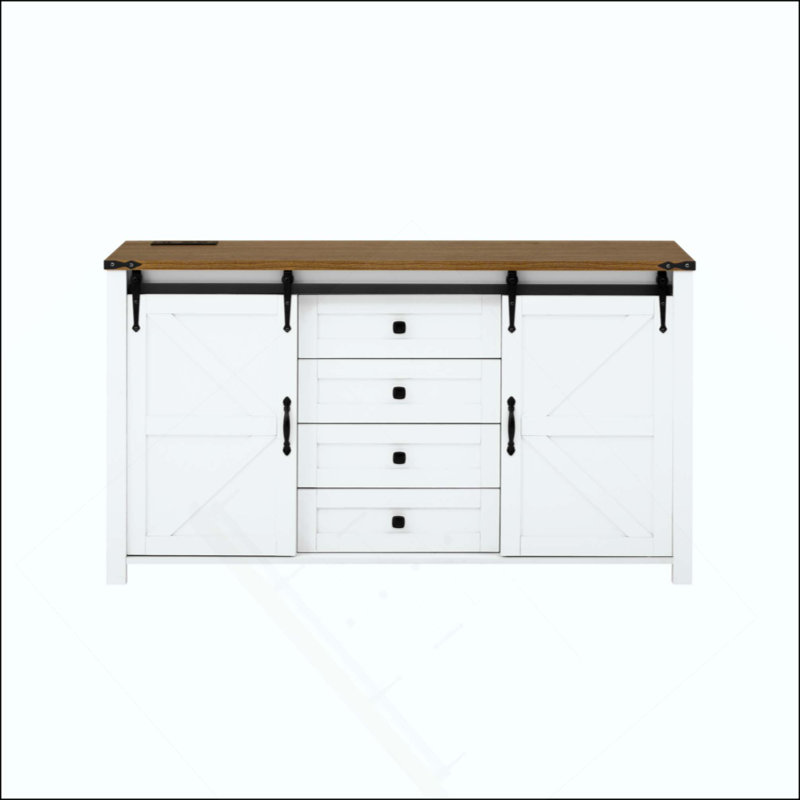 Buffet avec rangement, armoire de rangement de ferme avec portes de grange coulissantes et 4 tiroirs, table de buffet en bois avec prise de courant