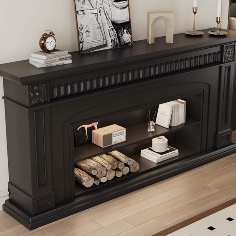 Black Solid Wood TV Cabinet Fireplace, 29.53" H x 78.74" W x 12.6" D