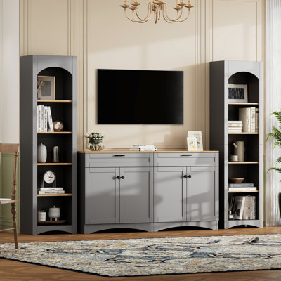Meuble télé rustique de style années 50, fini gris, étagères réglables, rangement pour téléviseurs de 70 pouces, buffet de salon, meuble télé avec étagères.