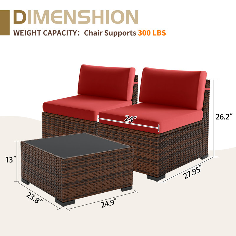 Ensemble de chaise d'extérieur sans accoudoirs en osier avec coussins, Rouge