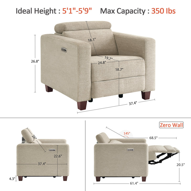 Cabrero Wall-hugger Power Recliner, High Leg Recliner with Adjustable Headrest, Fabric Upholstered, Beige Canvas
