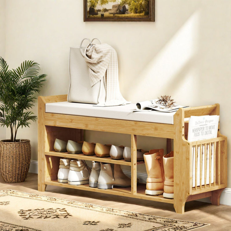 Banc de rangement pour chaussures avec siège rembourré, entrée moderne en bambou naturel