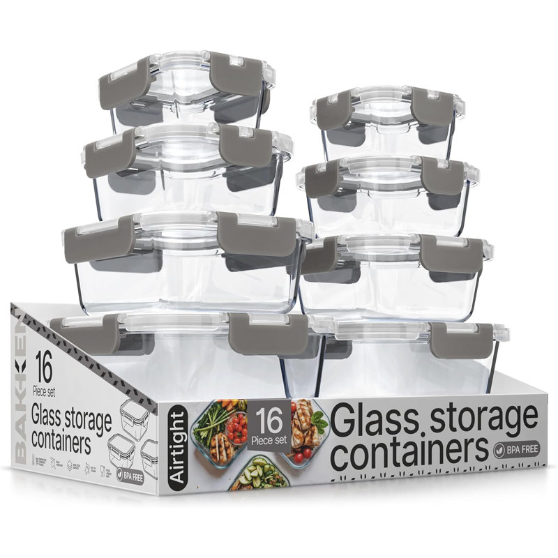 Contenant alimentaire en verre borosilicaté Bakken avec couvercles 16 pièces, contenant empilable sans BPA pour le déjeuner et les restes, va au micro-ondes, au congélateur et au lave-vaisselle, 100% étanche à l'air, gris