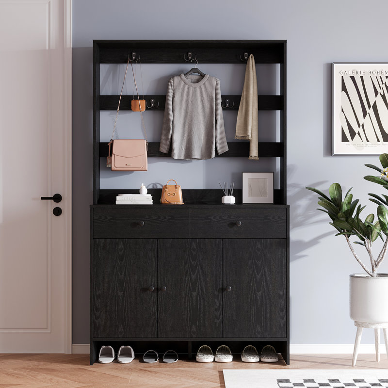 Modern Hall Tree With Shoe Storage And Coat Rack For Entryway, Entryway Organizer With 8 Shoe Cubbies & 8 Coat Hooks, Black
