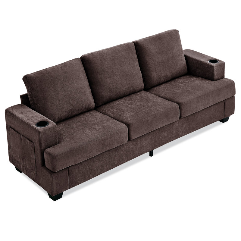 Canapé moderne en chenille 3 places pour le salon - Canapé à assise profonde avec porte-gobelets et rangement latéral - Style modulaire confortable pour appartement ou salon - Brun