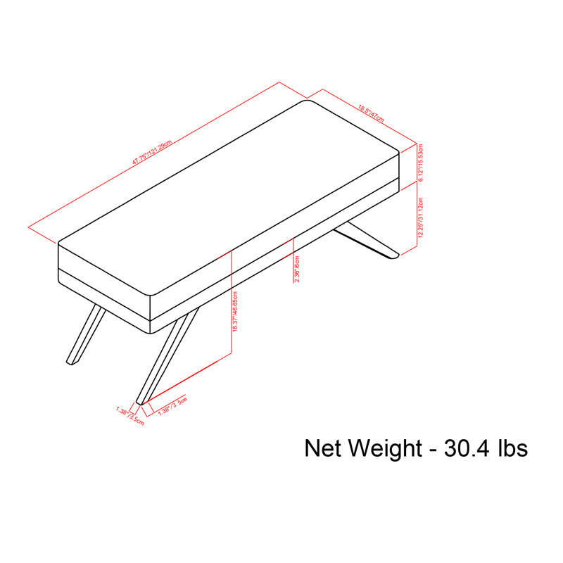 Chanelle 48"W Tweed Fabric Mid-Century Modern Ottoman Bench with Flared Tapered Legs, Platinum