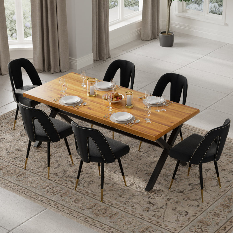 Ensemble de salle à manger rectangulaire en bois avec revêtement en velours, Noir, 7
