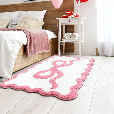 Black Bow Bathroom Rug, Scalloped Non-Slip Bath Mat, Microfiber Absorbent Cute Aesthetic Carpet, 16 X 24(Pink)