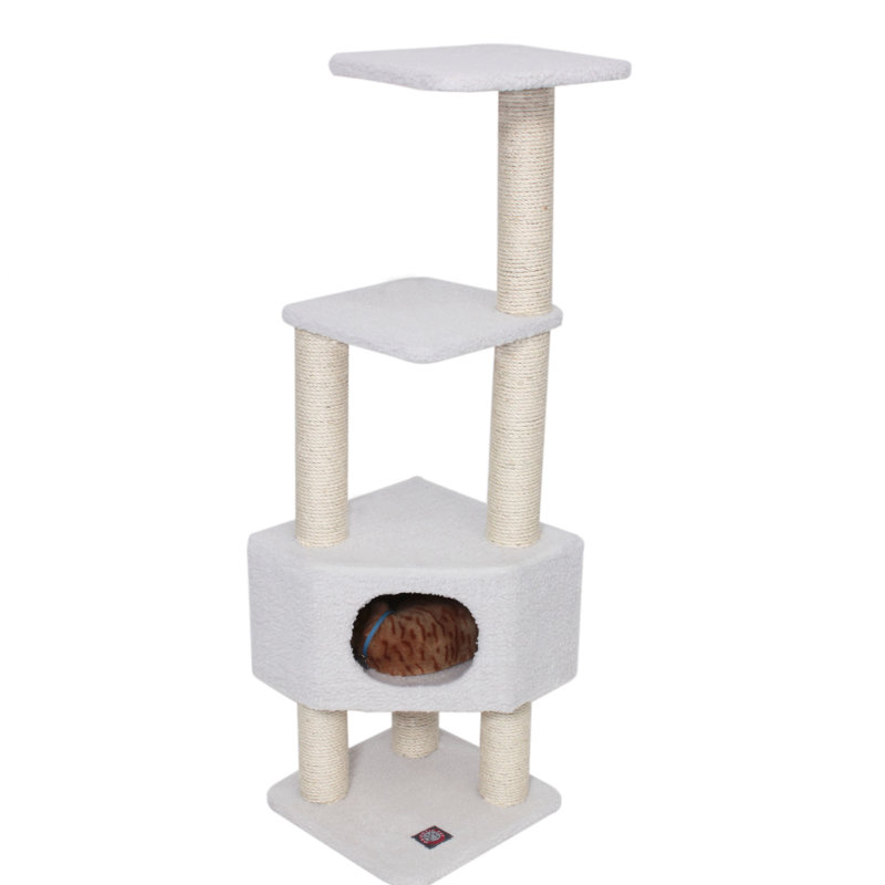 52'' Tall White Faux Fur and Sisal Cat Tree