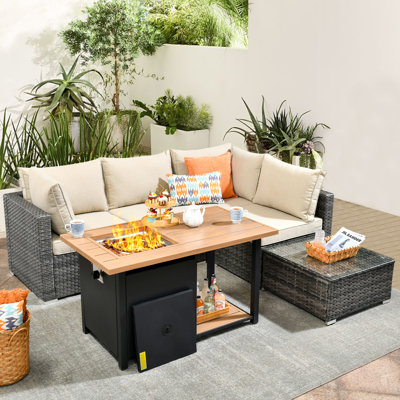 Ensemble de conversation pour 4 personnes avec table basse, ensemble de conversation modulaire en rotin et osier avec coussins, ensemble de conversation pour canapé toutes saisons avec foyer pour table de jardin