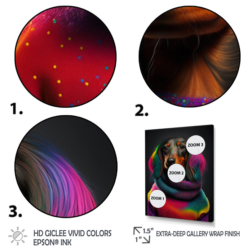 Teckel froid dans un chandail arc-en-ciel - Imprimé, H 32 po x l 16 po x P 1 po, Cadre simple noir
