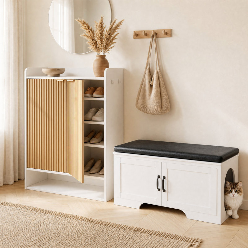 Entryway Storage Bench with Hidden Cat Washroom