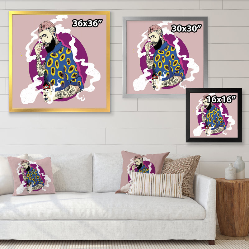 Hipster Man with Beard Smoke a Cigarette - impression sur toile, H 30 po x l 30 po x P 1 po, Cadre photo argenté