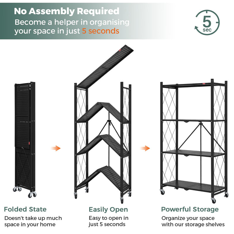 62cm W Metal Shelving Unit with Wheels, Black