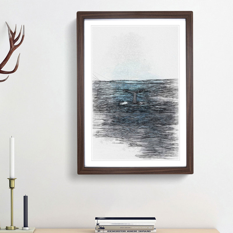 Blue Whale in Abstract - Picture Frame Drawing Print, 87cm H x 62cm W x 2cm D, Walnut Framed