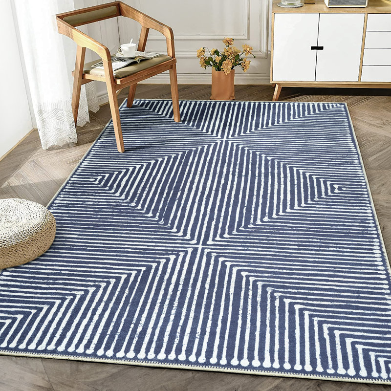  Washable Non-Slip Rug - Blue Striped Area Rug for Living Room, Bedroom, Dining Room, and Kitchen, Rectangle 10' x 14'