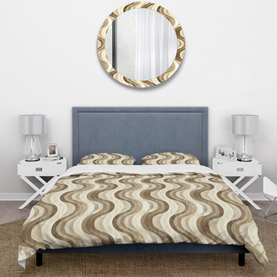 Ensemble de housse de couette beige brun Midcentury Wave Lines I - Midcentury